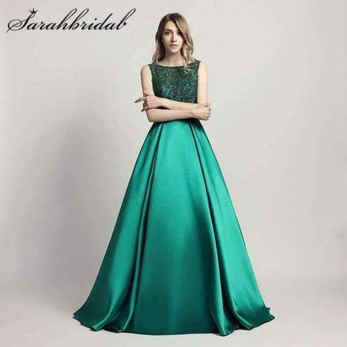 Planet Gates Green / 4 Beaded Evening Dresses Long Elegant O Neck Sexy Backless Satin Vestido Longo In Stock Floor Length Prom Gowns CC443