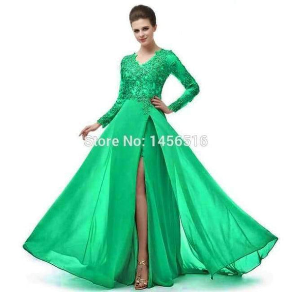 Planet Gates Green / 6 Long Sleeve A Line V Neck Chiffon Lace Beaded Long Evening Dresses 2018 Robe De Soiree Manche Longue 122416W