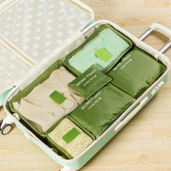 Planet Gates Green 6pcs/set Fashion Double Zipper Waterproof Polyester Men and Women Luggage Travel Bags packing cubes