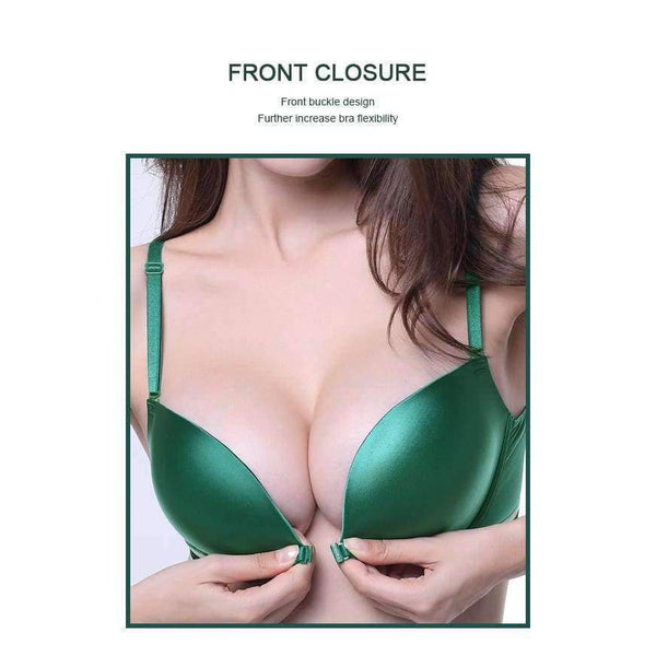 Planet Gates Green / 80C Wire Free Seamless Bra Push Up Stripe Beauty Back Glossy Bra Small Breast Gathered Sexy Green Women Underwear