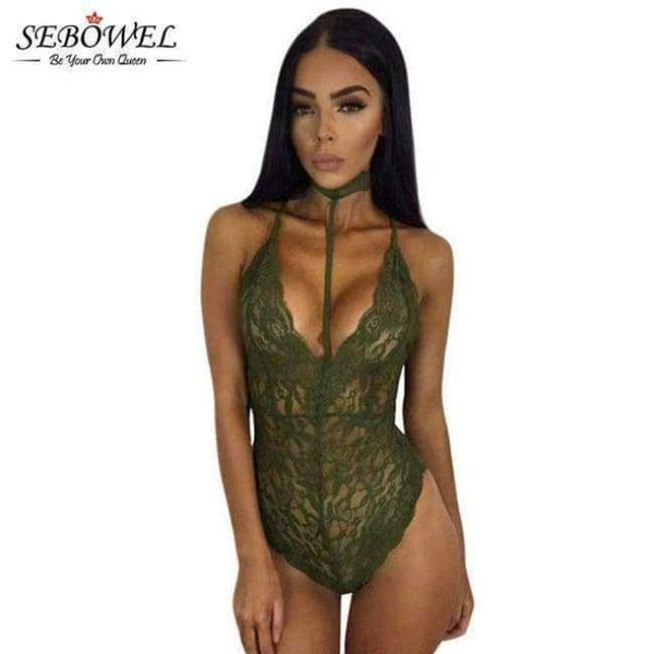 Planet Gates Green bodysuit / L / China Elegant Floral Red Lace Bodysuit Women Backless Deep V Neck Sexy Bodysuit Bodycon Halter Sleeveless Jumpsuit Romper