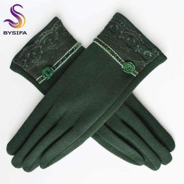 Planet Gates green [BYSIFA] Cashmere Wool Women Gloves Winter Thick Ladies Lace Embroidered Wool Gloves Grey And Green Elegant Soft Mittens Gloves
