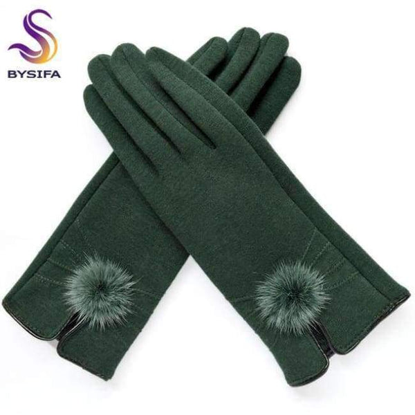 Planet Gates green [BYSIFA] Women Mink ball Wool Gloves Fashion Opening Design Winter Ladies Gloves New Trendy Elegant Soft Black Mittens Gloves
