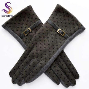 Planet Gates Green [BYSIFA] Women Polka Dot Wool Mittens Gloves Fashion Metal Buckle And Pu Design Cashmere Gloves Elegant Thick Warm Pink Gloves