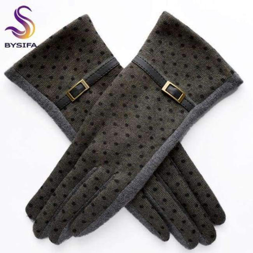 Planet Gates Green [BYSIFA] Women Polka Dot Wool Mittens Gloves Fashion Metal Buckle And Pu Design Cashmere Gloves Elegant Thick Warm Pink Gloves