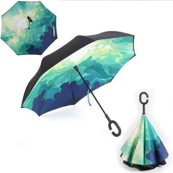 Planet Gates Green Camouflage Folding Reverse Umbrella Double Layer Inverted Windproof  Rain Car Umbrellas For Women
