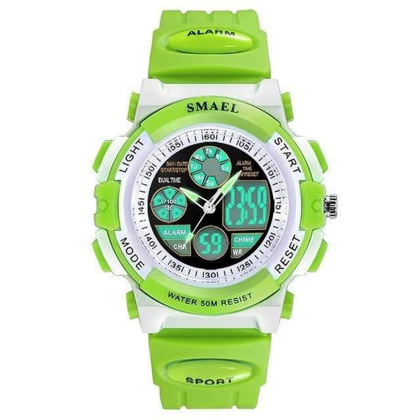 Planet Gates Green Dual Time LCD Digital Watches Children 50M Waterproof Wristwatches Shock Resistant Free Gift Box for Watches Girls0704