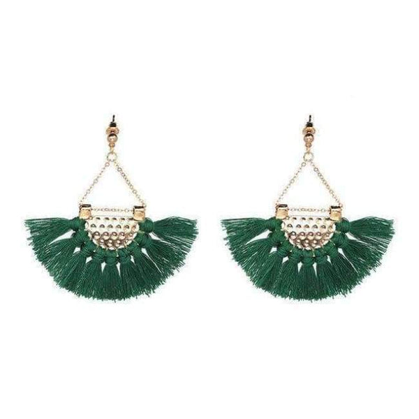 Planet Gates Green Fan shaped Cotton Tassels Bohemia Earrings For Women Ethnic Jewelry Big Dangle Earrings Handmade Fringe Pendientes