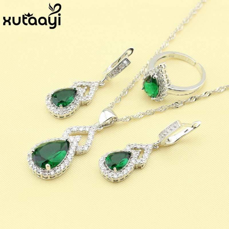 Planet Gates Green Imitated Emerald  925 Silver Jewelry Sets Wedding Earrings Necklace Pendant For Women