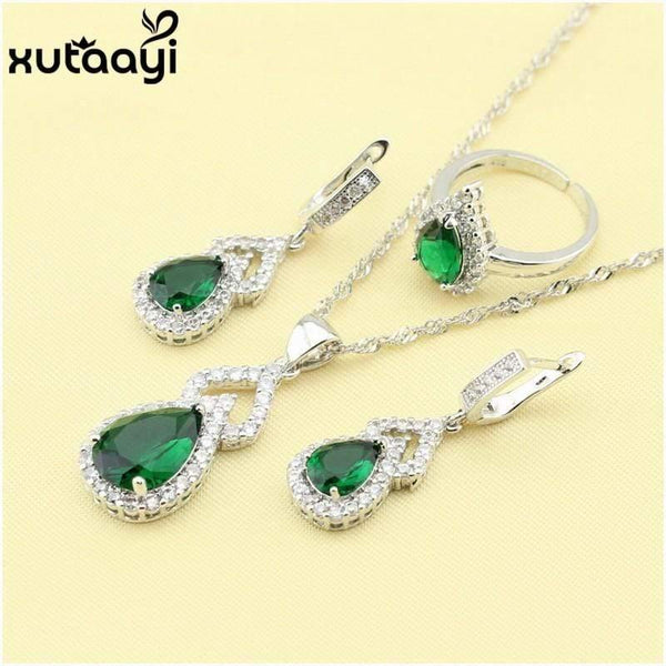 Planet Gates Green Imitated Emerald  925 Silver Jewelry Sets Wedding Earrings Necklace Pendant For Women