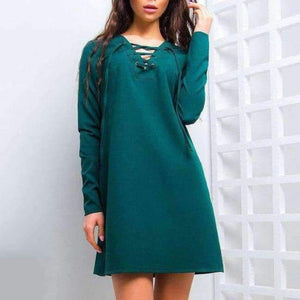 Planet Gates Green / L 2018 Autumn Fashion Criss Cross Dress Women Solid Colour V-Neck Lace-up Mini Dresses Long Sleeve Casual Dress Vestidos