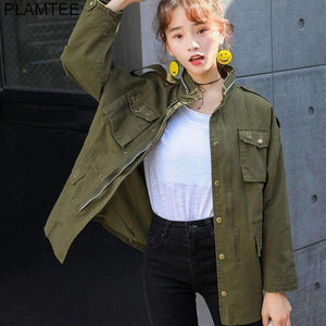 Planet Gates Green / L Autumn Printing Windbreaker Female Long Sleeve Jaqueta Feminina New Slim Korean Style Army Green Jacket Women S-L