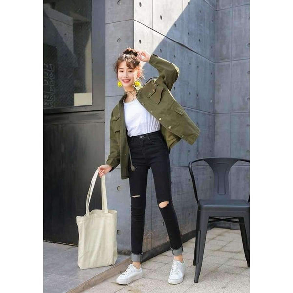 Planet Gates Green / L Autumn Printing Windbreaker Female Long Sleeve Jaqueta Feminina New Slim Korean Style Army Green Jacket Women S-L