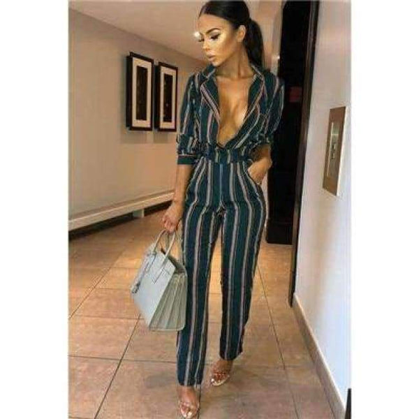 Planet Gates GREEN / L Fashion striped printed jumpsuits for women 2018 Half sleeve turn down collar long rompers womens jumpsuit Autumn new overalls