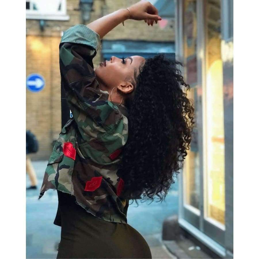 Planet Gates Fashion Women's Bomber Jacket 2018 Long Sleeve Turn-Down Collar Slim Army Green Pockets Military Camo Jacket Mujer