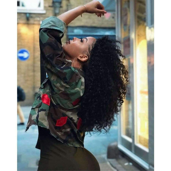 Planet Gates green / L Fashion Women's Bomber Jacket 2018 Long Sleeve Turn-Down Collar Slim Army Green Pockets Military Camo Jacket Mujer