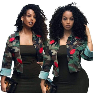 Planet Gates green / L Fashion Women's Bomber Jacket 2018 Long Sleeve Turn-Down Collar Slim Army Green Pockets Military Camo Jacket Mujer