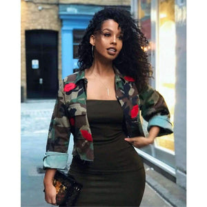 Planet Gates green / L Fashion Women's Bomber Jacket 2018 Long Sleeve Turn-Down Collar Slim Army Green Pockets Military Camo Jacket Mujer