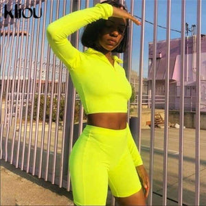 Planet Gates Green / L New Female Fluorescence Fitness Two Pieces Sets 2018 Autumn Full Sleeve Zipper Turtleneck Tops And High Waist Shorts Suits