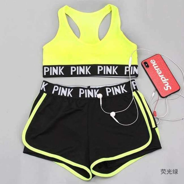 Planet Gates Green / L New Vs Secret Pink Letter Bra & Brief Shorts Lounge Underwear Work Out Fitness Wirekless Y-line Sexy Push Up  Bra Sets