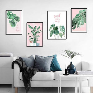 Green Leaf Pink Background Fresh Nordic Style Wall Art Canvas Painting Hd Print Wall Picture For Living Room Home Decor