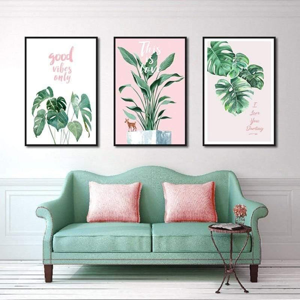 Green Leaf Pink Background Fresh Nordic Style Wall Art Canvas Painting Hd Print Wall Picture For Living Room Home Decor