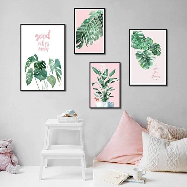 Green Leaf Pink Background Fresh Nordic Style Wall Art Canvas Painting Hd Print Wall Picture For Living Room Home Decor
