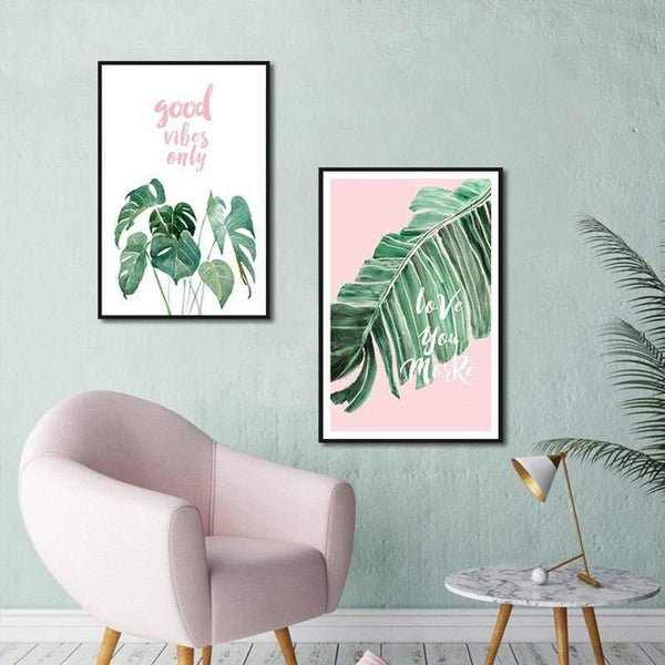 Green Leaf Pink Background Fresh Nordic Style Wall Art Canvas Painting Hd Print Wall Picture For Living Room Home Decor