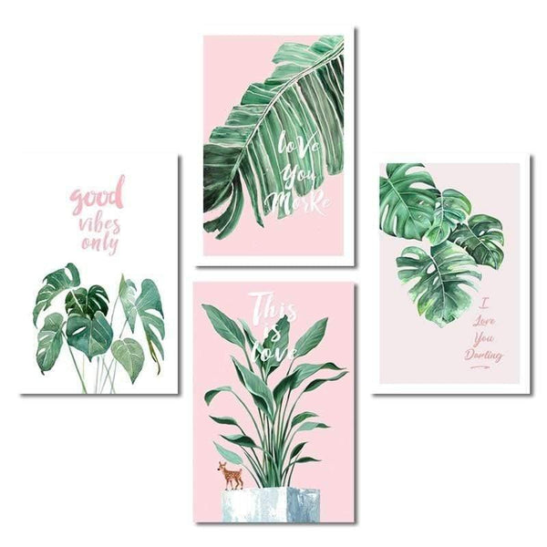 Green Leaf Pink Background Fresh Nordic Style Wall Art Canvas Painting Hd Print Wall Picture For Living Room Home Decor