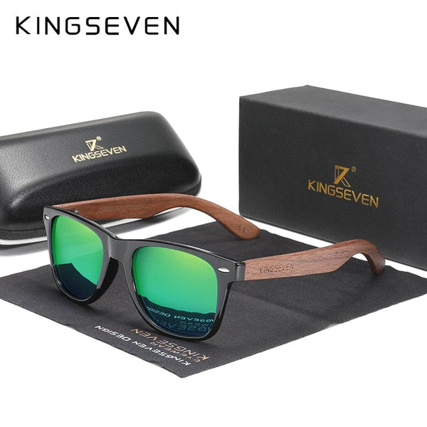 Planet Gates Green Leather case / China / Original Polarized KINGSEVEN New Black Walnut Sunglasses Wood Polarized Sunglasses Men's Glasses Handmade UV400 Protection Eyewear Retro Wooden Box