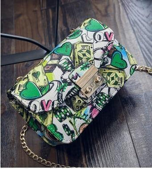 Planet Gates Green love / China Women Bags Summer Graffiti Ladies designer handbags high quality chain mini bag women messenger bags for women Clutch