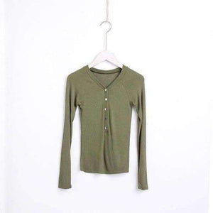 Planet Gates green / M Basic V Neck Women Cotton T-shirts Female Casual Tops Long Sleeve T-shirt Women Soft Elegant Knit Top Tees With Button