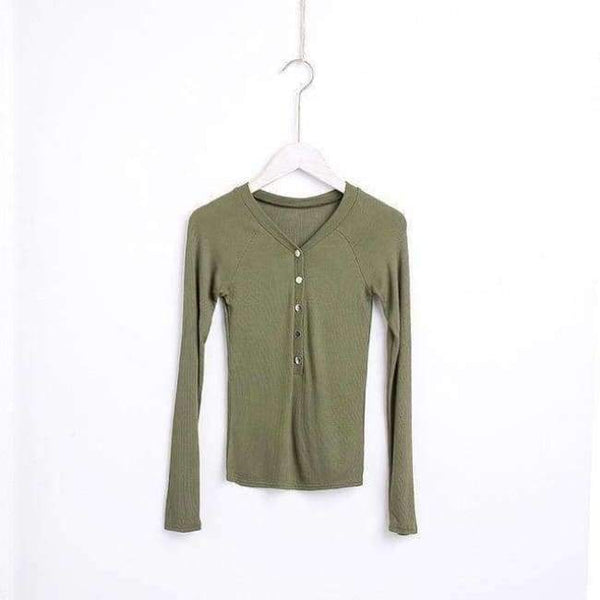 Planet Gates green / M Basic V Neck Women Cotton T-shirts Female Casual Tops Long Sleeve T-shirt Women Soft Elegant Knit Top Tees With Button