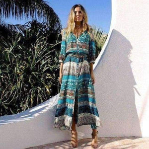 Planet Gates Green / M Fashion Summer Autumn New Sexy Hollow Out Long Beach Dresses Women Casual Bohemian Printed Chiffon Long V-Neck Dress
