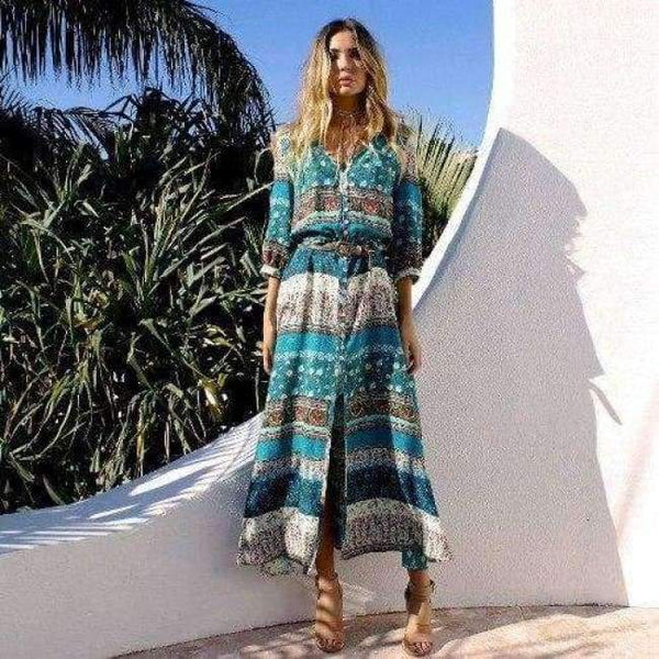 Planet Gates Green / M Fashion Summer Autumn New Sexy Hollow Out Long Beach Dresses Women Casual Bohemian Printed Chiffon Long V-Neck Dress