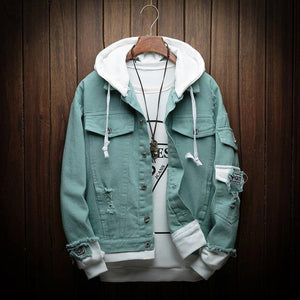 Planet Gates green / M Hooded Denim Jacket Men Fashion Fake Two Pieces Of Streetwear Bomber Jacket and Coat Man