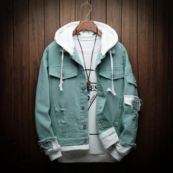 Planet Gates green / M Hooded Denim Jacket Men Fashion Fake Two Pieces Of Streetwear Bomber Jacket and Coat Man