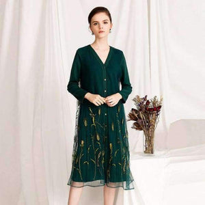 Planet Gates green / M Quality Brand New Autumn Winter Dress for Party Event Women Tulle Mesh Embroidery Patchwork Long Sleeve Dress Plus Size XXL
