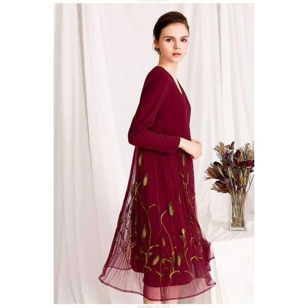 Planet Gates green / M Quality Brand New Autumn Winter Dress for Party Event Women Tulle Mesh Embroidery Patchwork Long Sleeve Dress Plus Size XXL