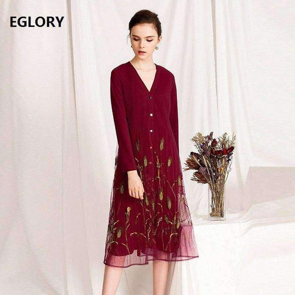 Planet Gates green / M Quality Brand New Autumn Winter Dress for Party Event Women Tulle Mesh Embroidery Patchwork Long Sleeve Dress Plus Size XXL