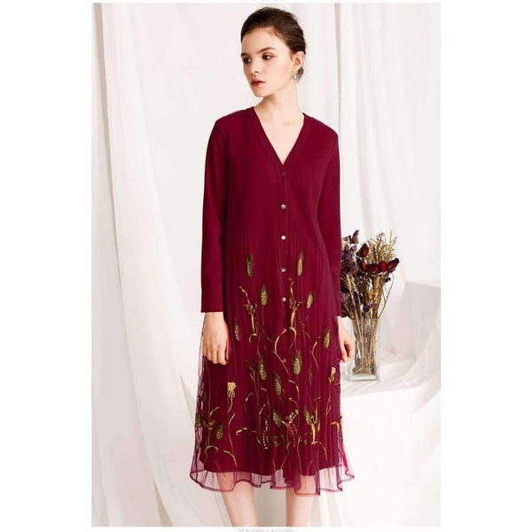 Planet Gates green / M Quality Brand New Autumn Winter Dress for Party Event Women Tulle Mesh Embroidery Patchwork Long Sleeve Dress Plus Size XXL