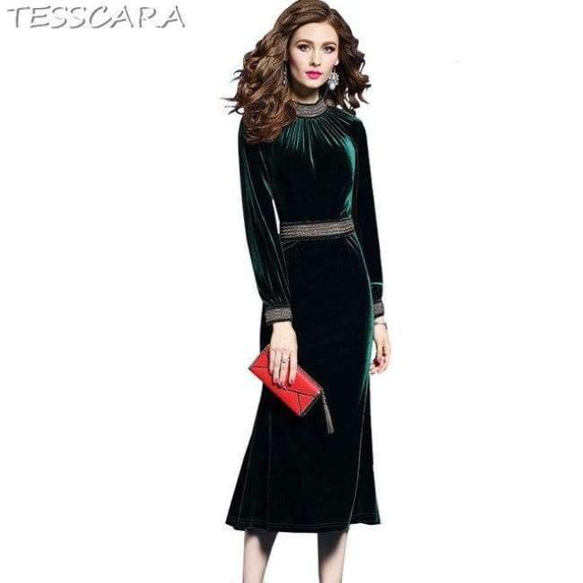 Planet Gates TESSCARA Women Autumn Winter Elegant Velvet Beading Dress Female Long Cocktail Vestidos Retro Vintage Party Robe Femme Plus Size