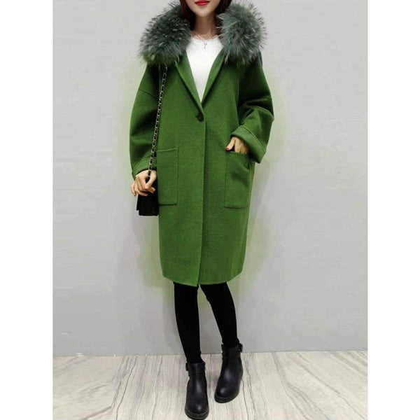 Planet Gates green / M Women coat winter  faux fur  warm outwear casual  mid- long-coat green one button loose plus size 2XL wool long coat women