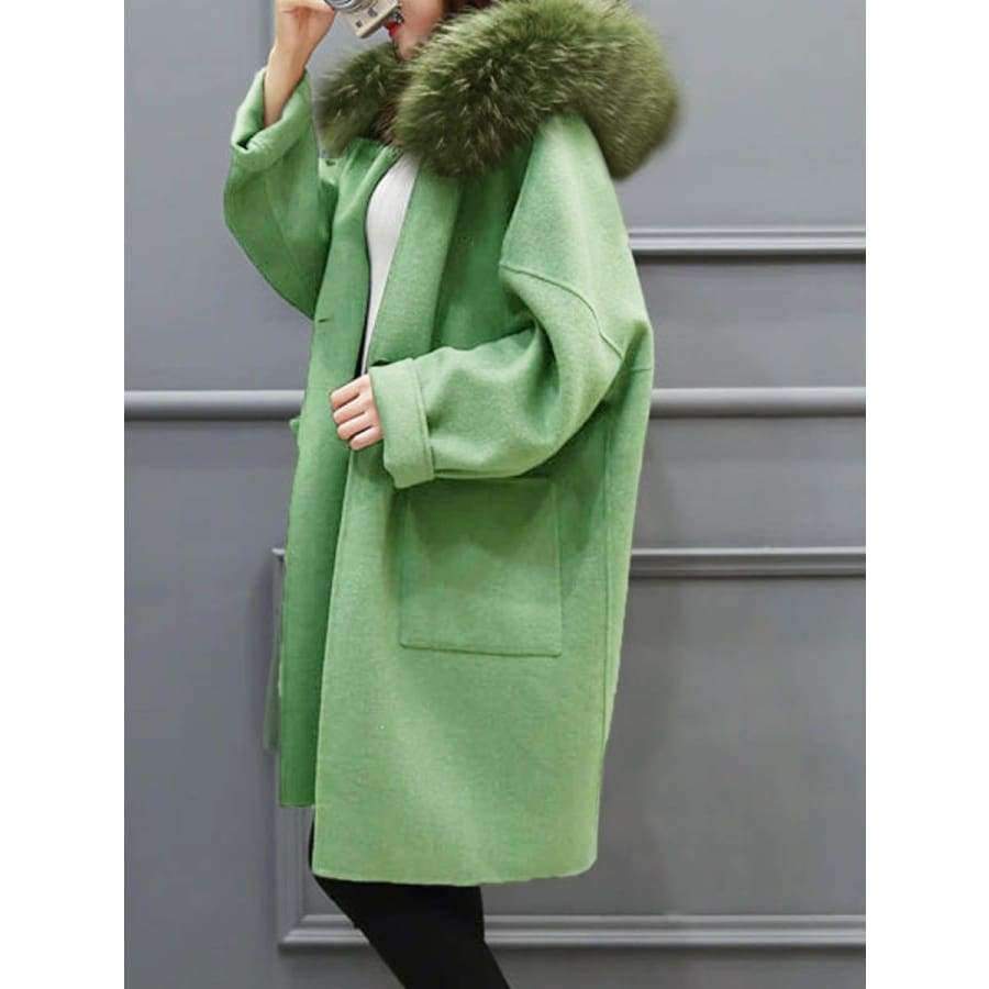 Planet Gates green / M Women coat winter  faux fur  warm outwear casual  mid- long-coat green one button loose plus size 2XL wool long coat women