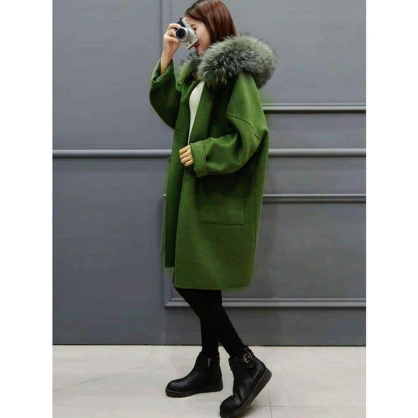 Planet Gates green / M Women coat winter  faux fur  warm outwear casual  mid- long-coat green one button loose plus size 2XL wool long coat women