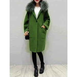 Planet Gates green / M Women coat winter  faux fur  warm outwear casual  mid- long-coat green one button loose plus size 2XL wool long coat women