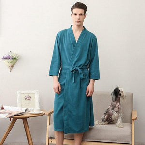 Planet Gates Green Men / M Unisex Men Women Sleeve Solid Waffle Sleep Lounge Bathrobe Nightgown Lovers Robes