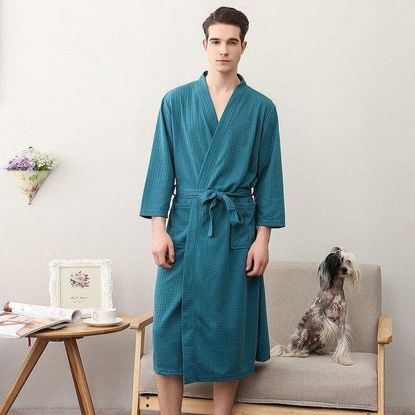 Planet Gates Green Men / M Unisex Men Women Sleeve Solid Waffle Sleep Lounge Bathrobe Nightgown Lovers Robes