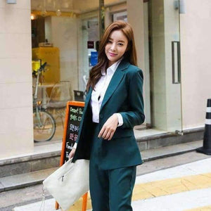 Planet Gates green pant suits / S Business Women Pencil Pant Suits 2 Piece Sets Black Solid Blazer + Pencil Pant Office Lady Notched Jacket Female Outfits