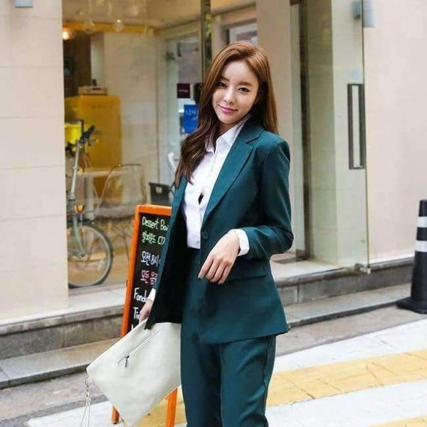 Planet Gates green pant suits / S Business Women Pencil Pant Suits 2 Piece Sets Black Solid Blazer + Pencil Pant Office Lady Notched Jacket Female Outfits